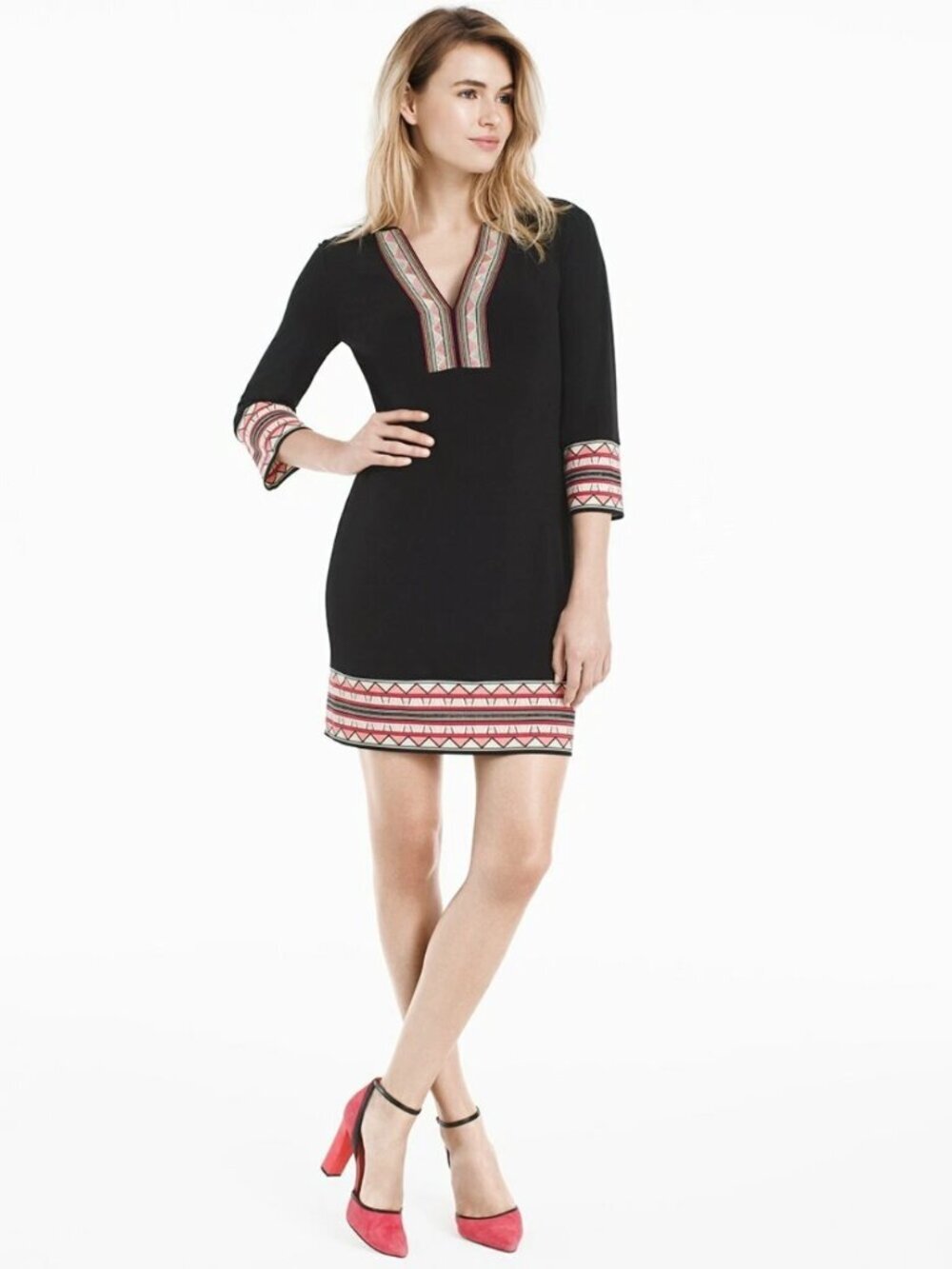 White House Black Market Black Embroidered Shift Dress Size M V-Neck 3/4 Sleeve